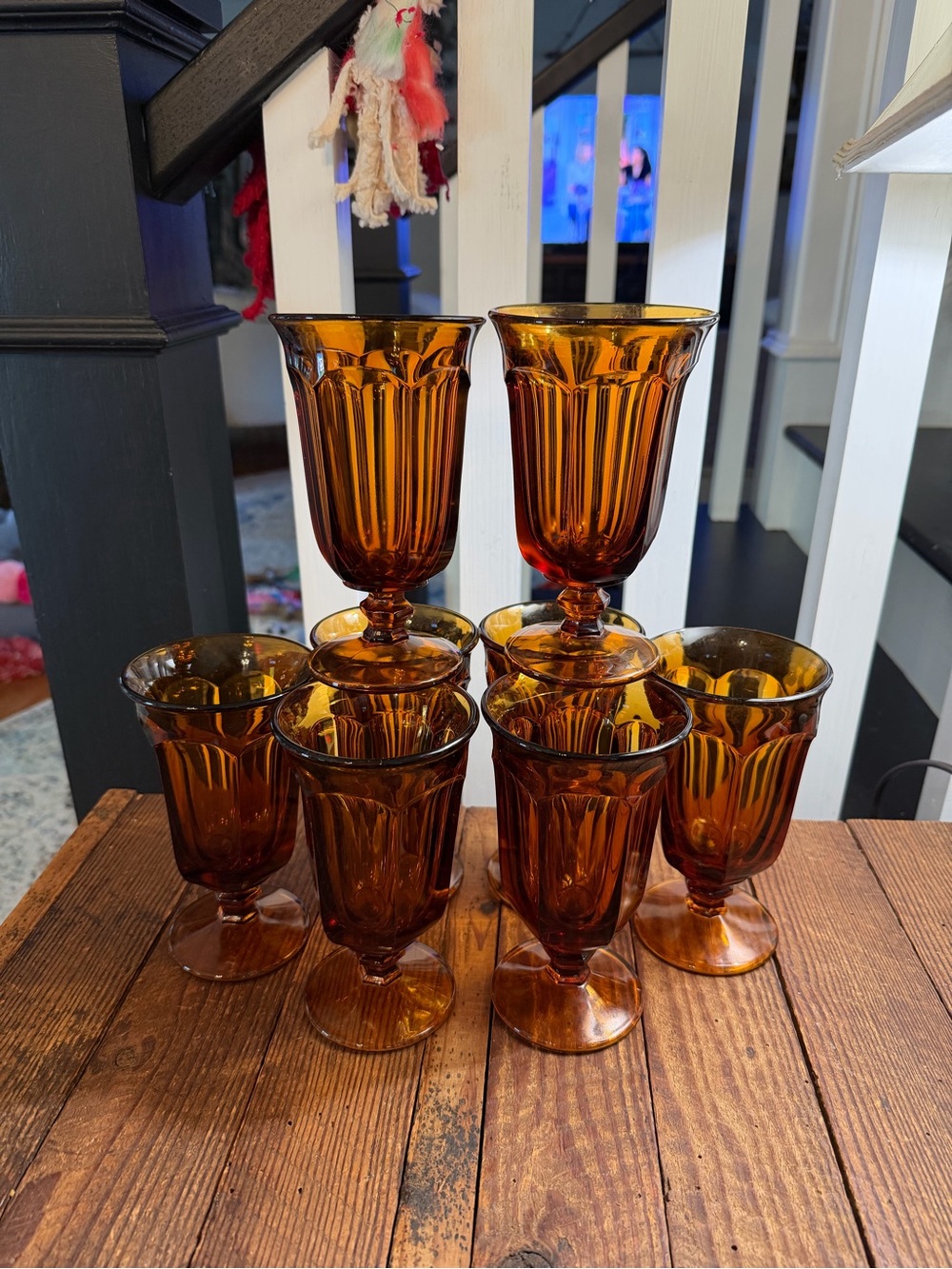 Set of (8) Amazing Vintage BOHO Farmhouse Amber Glass Goblet Set